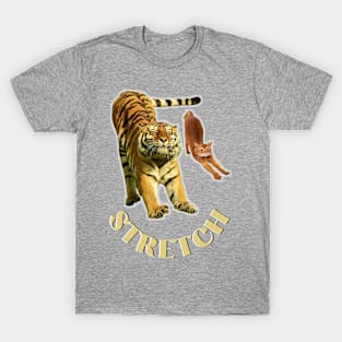 Stretch exercise by a tiger and a cat - gold text T-Shirt